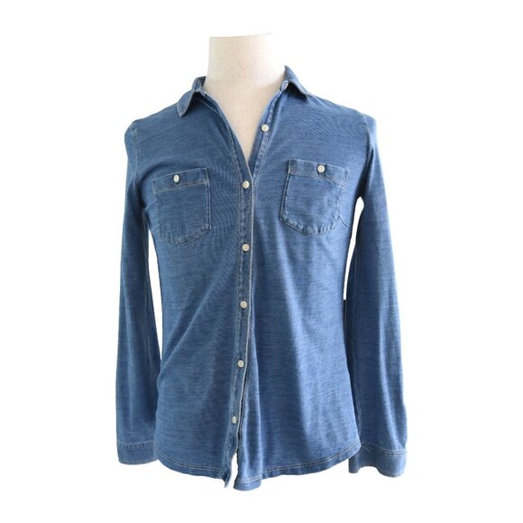 J.McLaughlin Blue Knit Button-Up Shirt Size S Soft Denim Coastal Classic READ - Picture 1 of 9